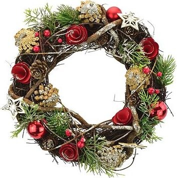 DOMMIO Vianočný veniec – prírodný s červenými kvietkami, 30 cm
