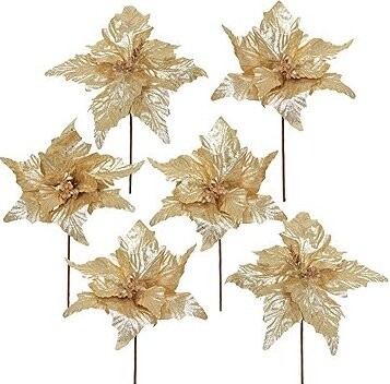 DOMMIO Poinsetie květ - zápich textilní, průměr 27 cm, 6 ks, třpytivá šampaň