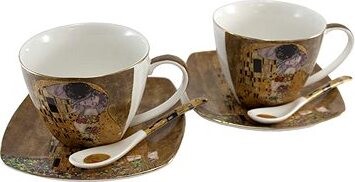 Home Elements Sada dvoch šálok 250 ml, s podšálkami a lyžičkami, Klimt, Bozk zlatý