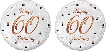 GoDan Balón fóliový biely 60 rokov – happy birthday/narodeniny, ružovo-zlatý nápis, 45 cm, 2 ks