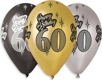 SMART BALLOONS Nafukovacie balóniky, 30 cm, Happy Birthday „60“, mix farieb, 5 ks