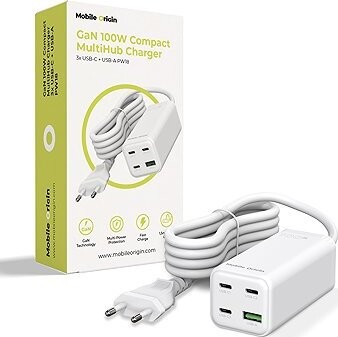 Mobile Origin GaN 100 W Compact MultiHub Charger PW18 s 3× USB-C + USB-A