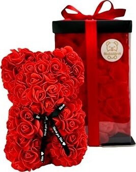 Medvídárek Romantic medvedík z ruží 25 cm svetlo červený s lístkami, darčekové balenie