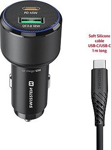 Swissten CL Adaptér USB-C PD + USB-A 63 W čierny + kábel USB-C/USB-C 1 m