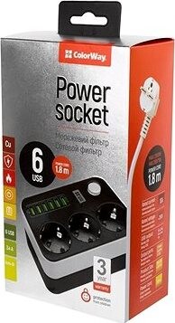 ColorWay CW-CHE36B, Predlžovací prívod, 3 zásuvky, 6× USB, 1,8 m