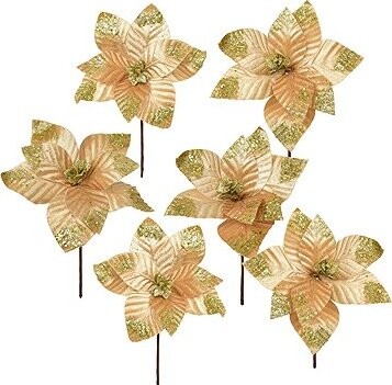 DOMMIO Poinsetie květ - zápich textilní, průměr 25 cm, 6 ks, třpytivá zlatá