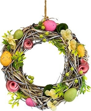 DOMMIO Veľkonočná dekorácia – Slamový veniec s vajíčkami a s kvietkami, priemer 30 cm