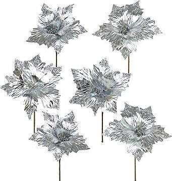 DOMMIO Poinsetie květ - zápich textilní, průměr 25 cm, 6 ks, třpytivá stříbrná