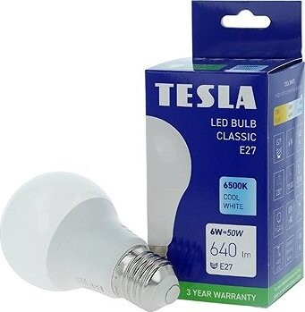 Tesla – LED žiarovka BULB, E27, 6 W, 230 V, 640 lm, 25 000 h, 6500K studená biela, 220 st