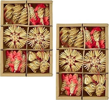 DOMMIO Slaměné ozdoby vrtulky s červeným prošíváním, 27 ozdob, set 2 ks