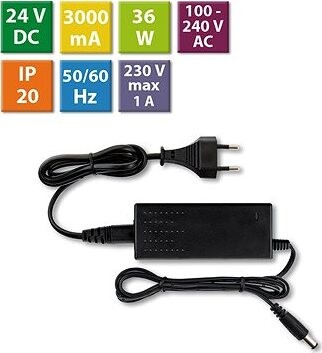 McLED Napájací adaptér 36 W, DC24 V/1,5 A, IP20, čierny plast, s vidlicou