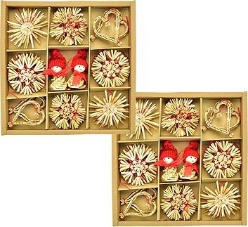 DOMMIO Slaměné ozdoby přírodní s červeným prošíváním, 30 ozdob, set 2 ks