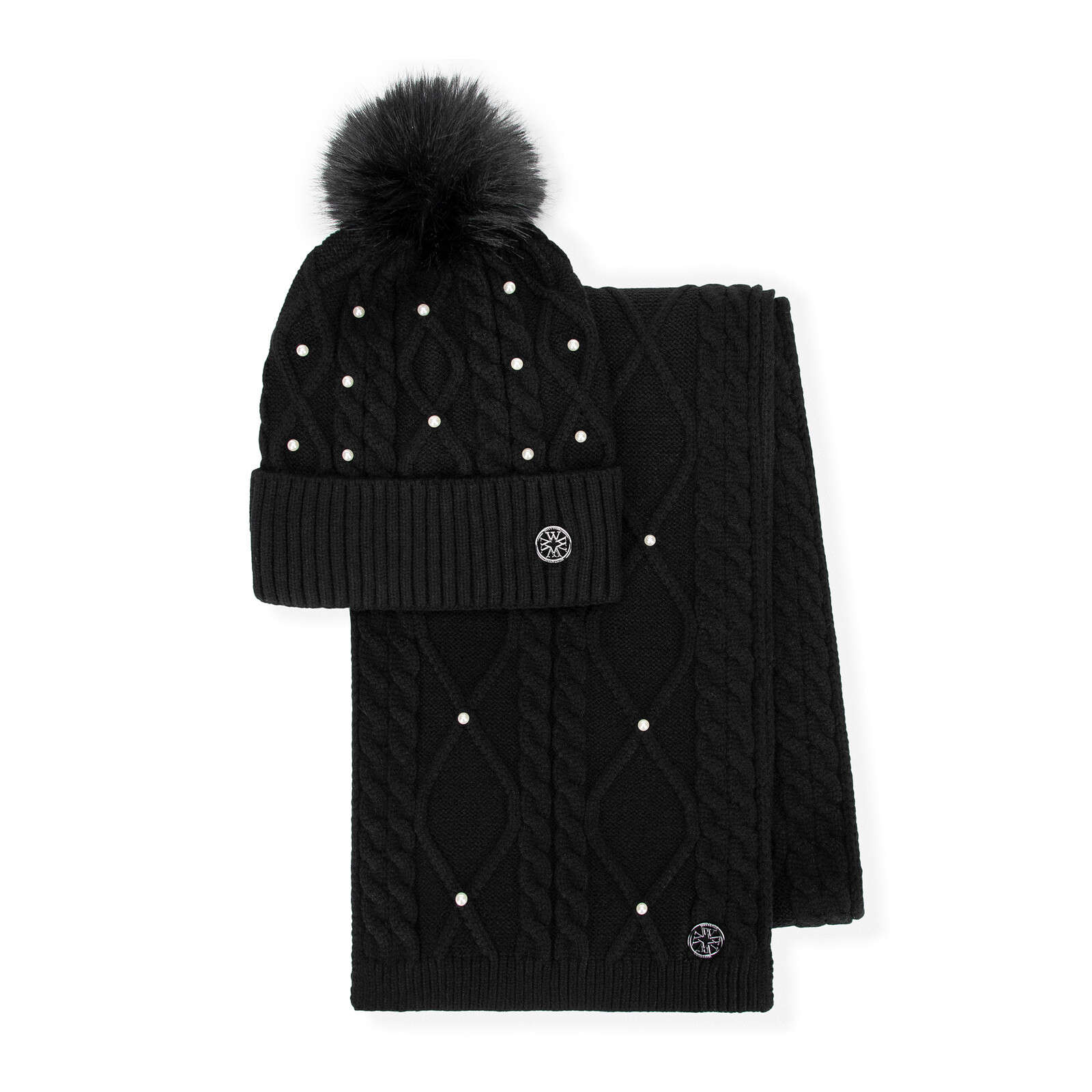 Dámsky zimný set – čiapka s brmbolcom, perličkami a pletený šál s vrkočovým vzorom 101-SF-023-1