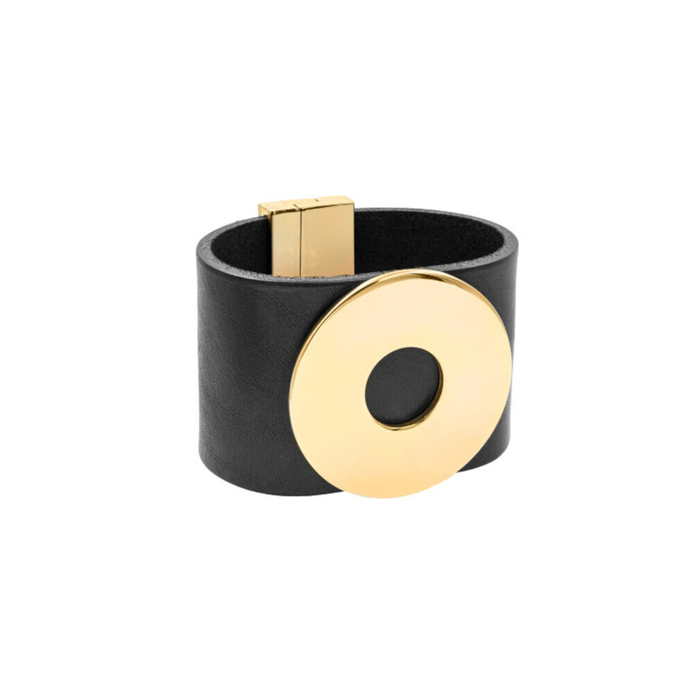 Náramok z kože  s veľkou ozdobou - pozláteným kruhom 18826