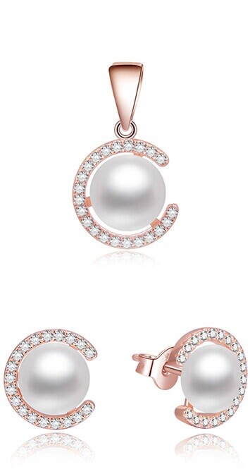 Beneto Pozlátená súprava šperkov zo striebra s pravými perlami AGSET285P-ROSE (prívesok, náušnice)