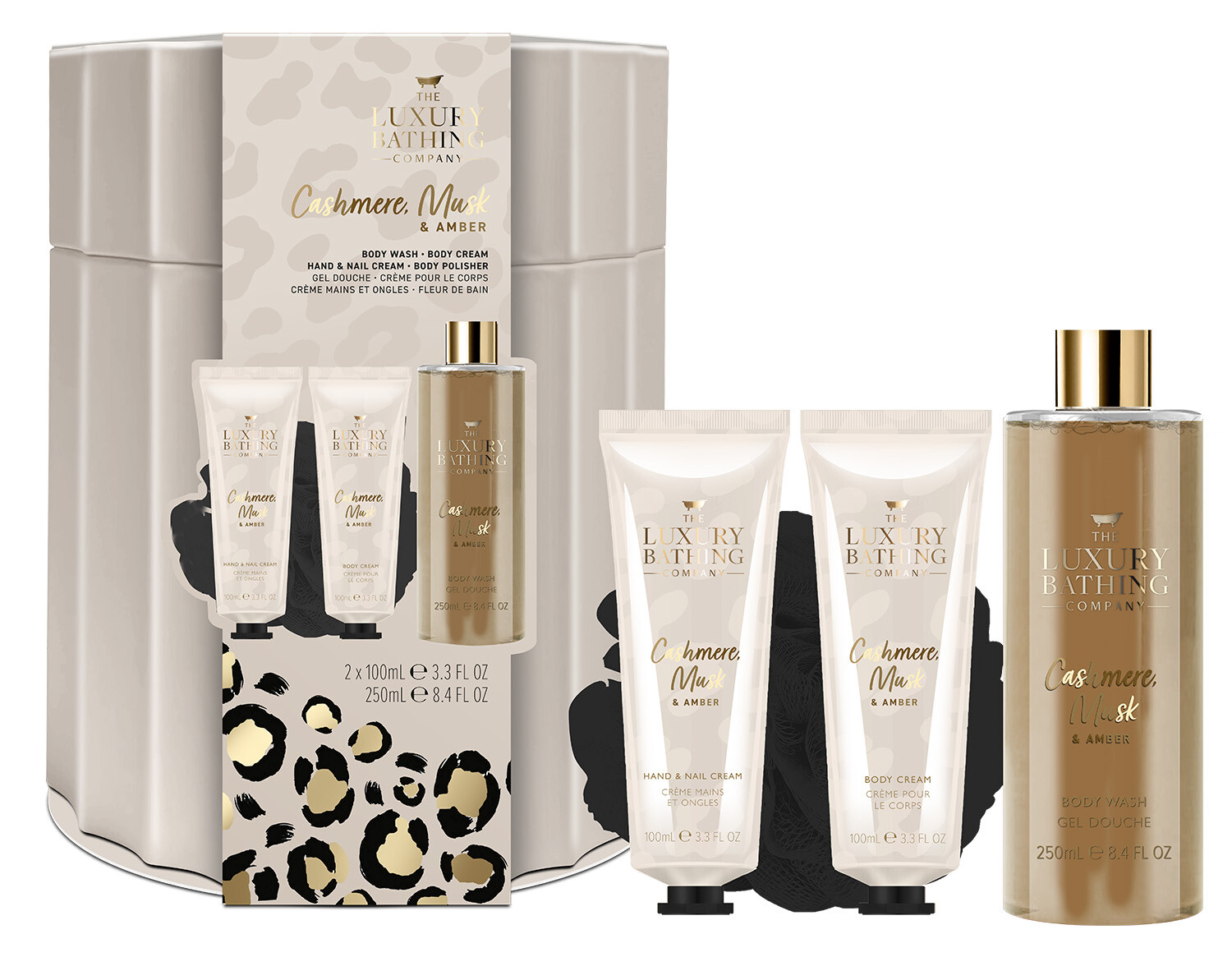 The Luxury Bathing Company Darčeková sada starostlivosti o telo v plechovej dóze Kašmír, Mošus & Ambra 4 ks