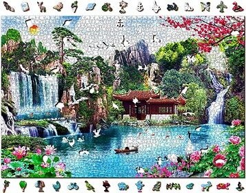 Woden City Drevené puzzle Vodopády v japonskej záhrade 2v1, 2000 dielikov eko