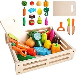 Derrson Drevená zelenina a ovocie v debničke, 17 ks