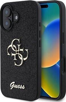 Guess PU Fixed Glitter 4G Metal Logo Zadný Kryt na iPhone 16 Black