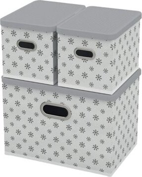 HomeLife Úložný box s vekom sada 3 ks – biely, kvietky