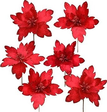 DOMMIO Poinsetie květ - zápich textilní, průměr 30 cm, 6 ks, třpytivá červená