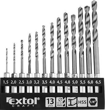 EXTOL CRAFT vrtáky do kovu so šesťhrannou stopkou, súprava 13 ks, 1,5 – 6,5 mm, HSS, 11140