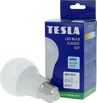 Tesla – LED žiarovka BULB, E27, 6 W, 230 V, 640 lm, 25 000 h, 4000K denná biela, 220 st