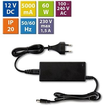 McLED Napájací adaptér 60 W, DC 12 V/5 A, IP20, čierny plast, s vidlicou