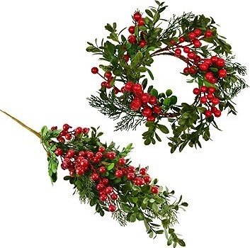 DOMMIO Veniec a vetva zdobený borievkou a bazou, priemer 30, dĺžka 70 cm