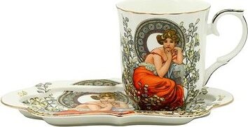 Home Elements Porcelánový hrnček 360 ml, s podšálkou, Mucha svetlý