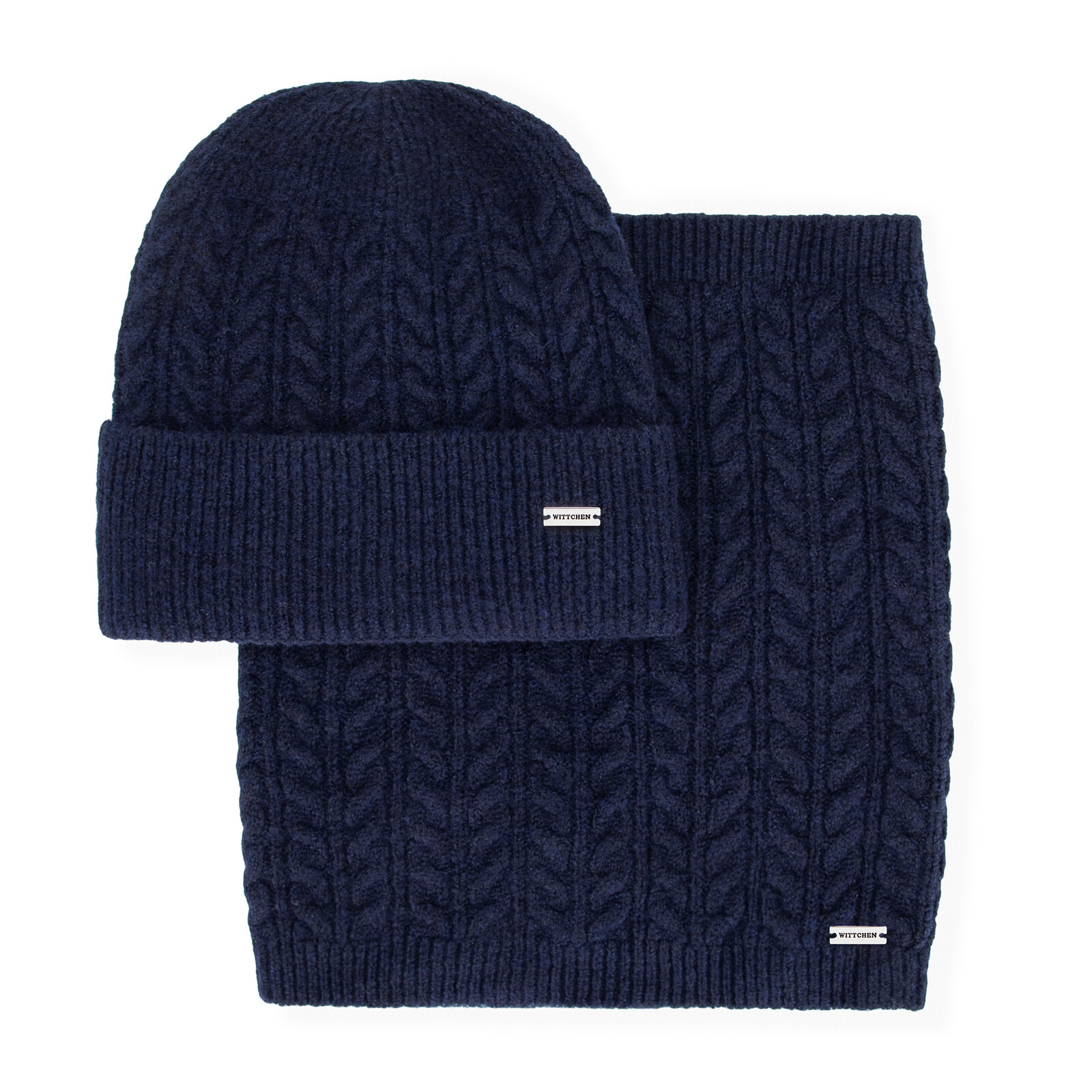 Dámsky zimný set – tmavomodrá čiapka a nákrčník s vrkočovým vzorom 101-SF-209-N