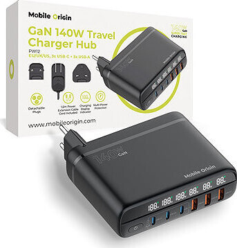 Mobile Origin GaN 140 W Travel Charger Hub PW12 EU/UK/US 3× USB-C + 3× USB-A