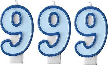 PARTYDECO Narodeninová sviečka 9, modrá, 7 cm, 3 ks