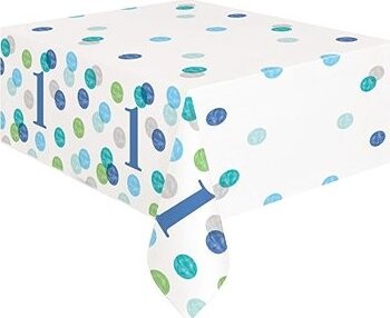 Obrus 1. Narodeniny modrý s bodkami – chlapec – 137 × 213 cm – happy birthday