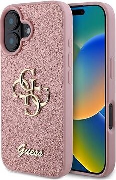 Guess PU Fixed Glitter 4G Metal Logo Zadný Kryt pre iPhone 16 Pink