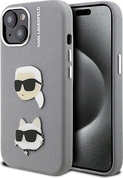 Karl Lagerfeld Grained PU K&CH Heads Zadný Kryt pre iPhone 15 Grey