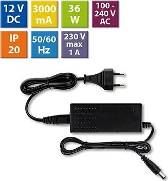 McLED Napájací adaptér 36 W, DC12 V/3 A, IP20, čierny plast, s vidlicou
