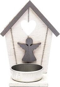 DECOLED Vianočný svietnik – drevený, chalúpka s anjelom, 10,5 × 5 cm