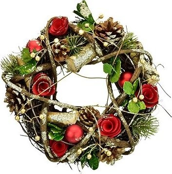 DOMMIO Vianočný veniec – prútený s červenými kvietkami a šiškami, 25 cm