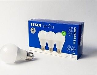 Tesla – LED žiarovka BULB E27, 8 W, 230 V, 806 lm, 25 000 h, 4 000 K denná biela, 220st 3 ks v balení