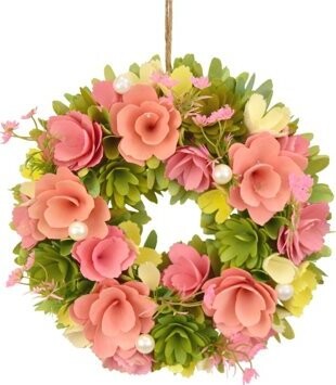 DOMMIO Jarný veniec z drevených kvietkov ružový priemer 30 cm