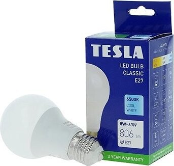 Tesla – LED žiarovka BULB E27, 8 W, 230 V, 806 lm, 25 000 h, 6500K studená biela, 220 st