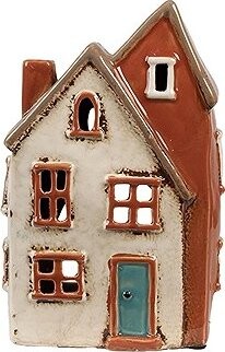 Clayre & Eef Béžovo-hnedý keramický svietnik na čajovú sviečku domček Amster Village 13 × 8 × 20 cm