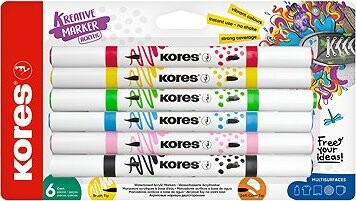 KORES Kreative Marker akrylové, obojstranný hrot 2 v 1 (štetcový a kónický) – sada 6 farieb