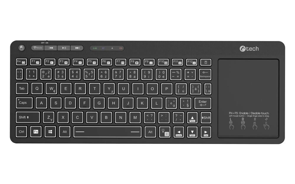 C-TECH Klávesnica WLTK-03, Bezdrôtová, Touchpad, čierna