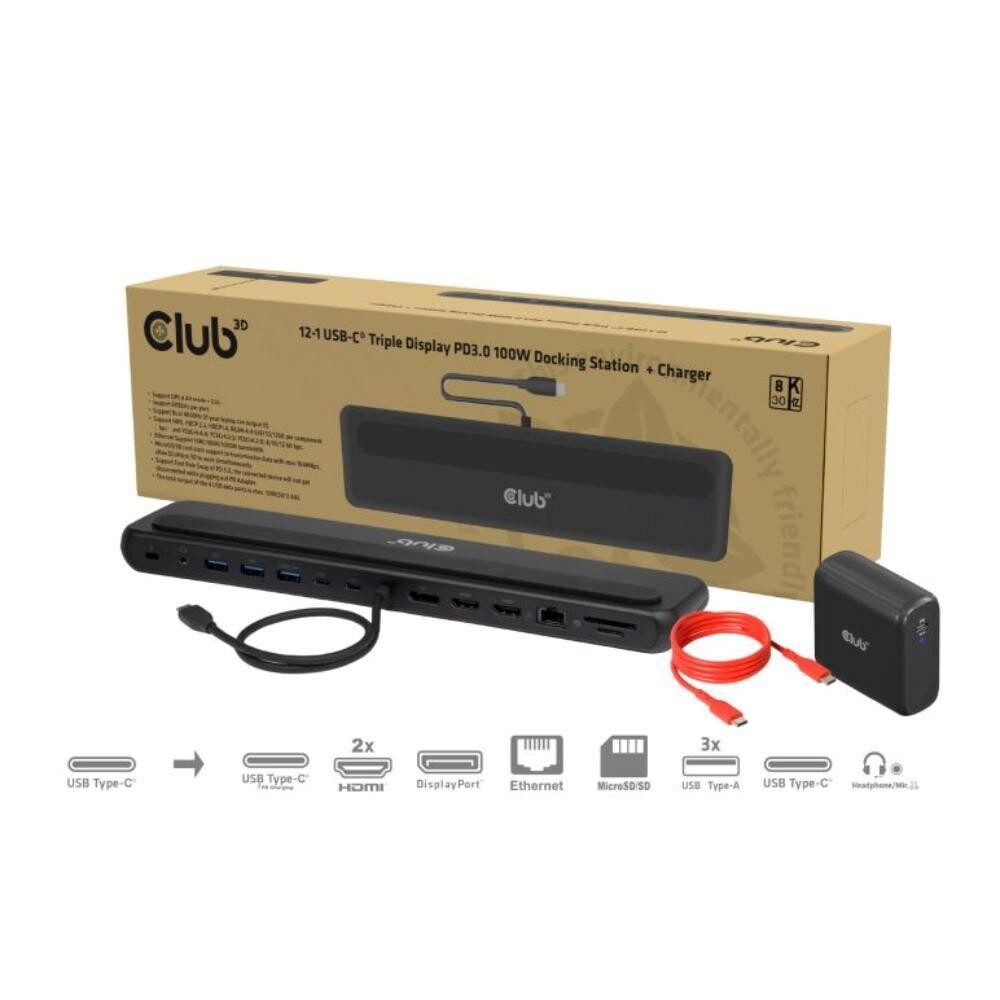 Club3D Dokovacia stanica USB-C 12v1, 2xHDMI, 1xDP, 2xUSB-C, 3xUSB, 1xRJ45, 1x3.5mm, čierna