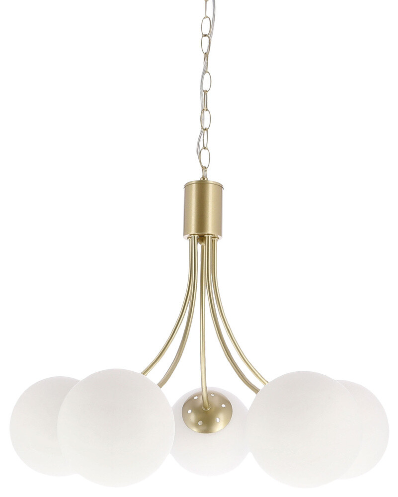 Mosadzná závesná lampa Dani 5x40W E14, biele tienidlo, elegantné stropné svietidlo do obývačky, klasický aj moderný štýl, päť svetelných bodov