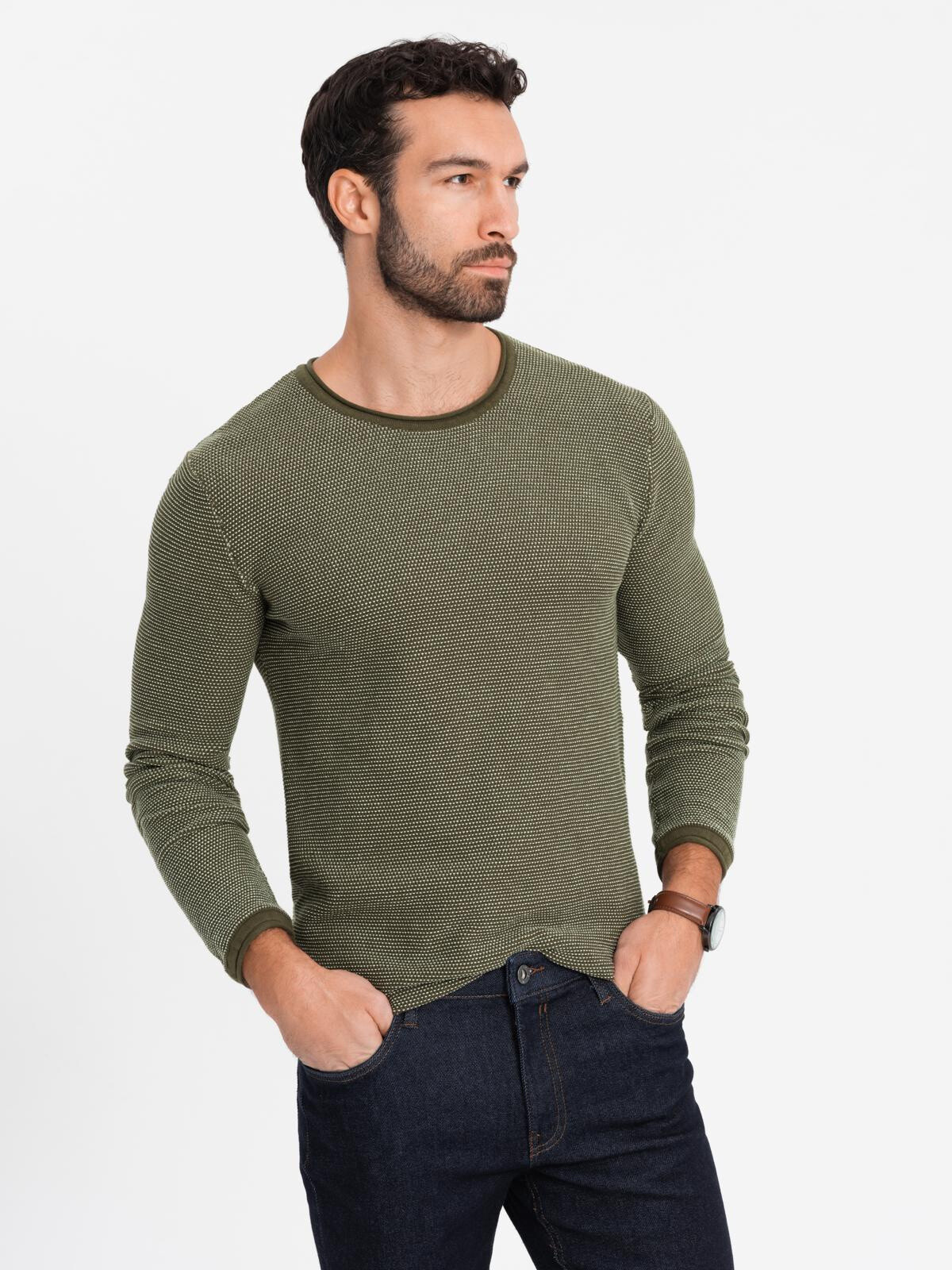 Ombre Men's knitted sweater with structured dots - olive
