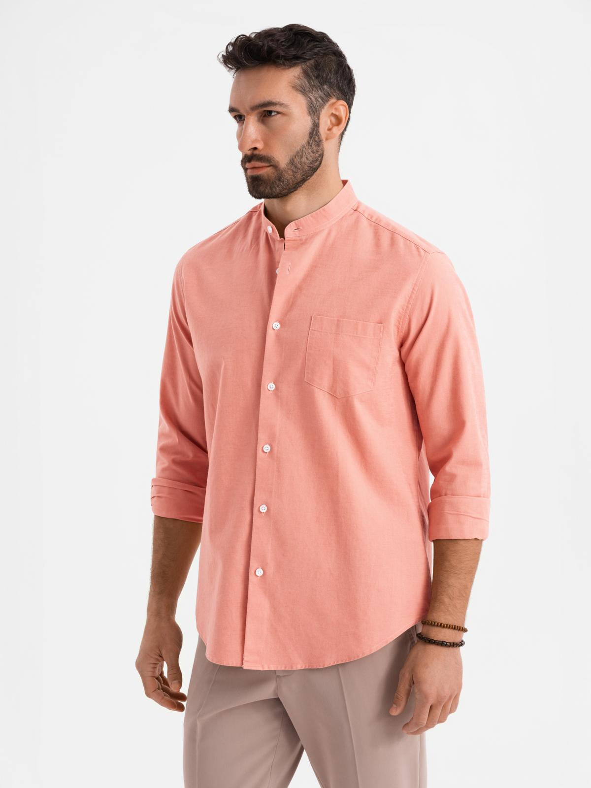 Ombre Men's linen shirt with collar and pocket REGULAR FIT - peach