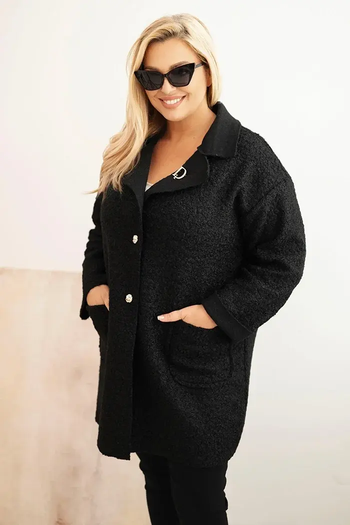 Kesi Włoski Dámsky kabát Plus Size baranok s vlnou a vreckami čierny